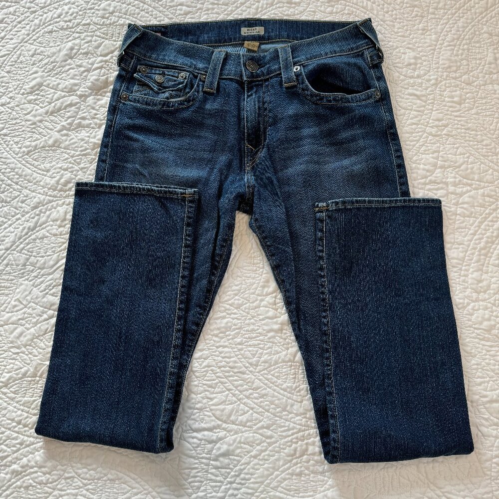 True Religion Ricky Straight Leg Mens Jeans Sz 33 Dark Wash Flap Pockets (1692)